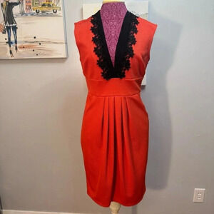 Eva Franco Red Sleeveless Dress Black Floral Detail Women Size 8